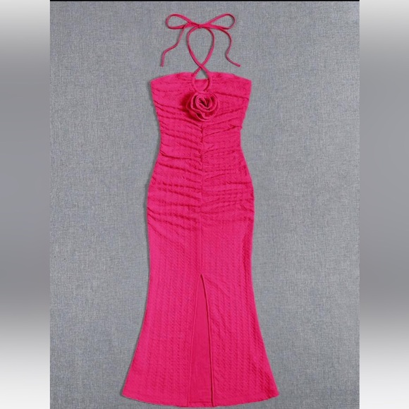 SHEIN rosette, textured, midi, hot pink, halter dress - Picture 3 of 9